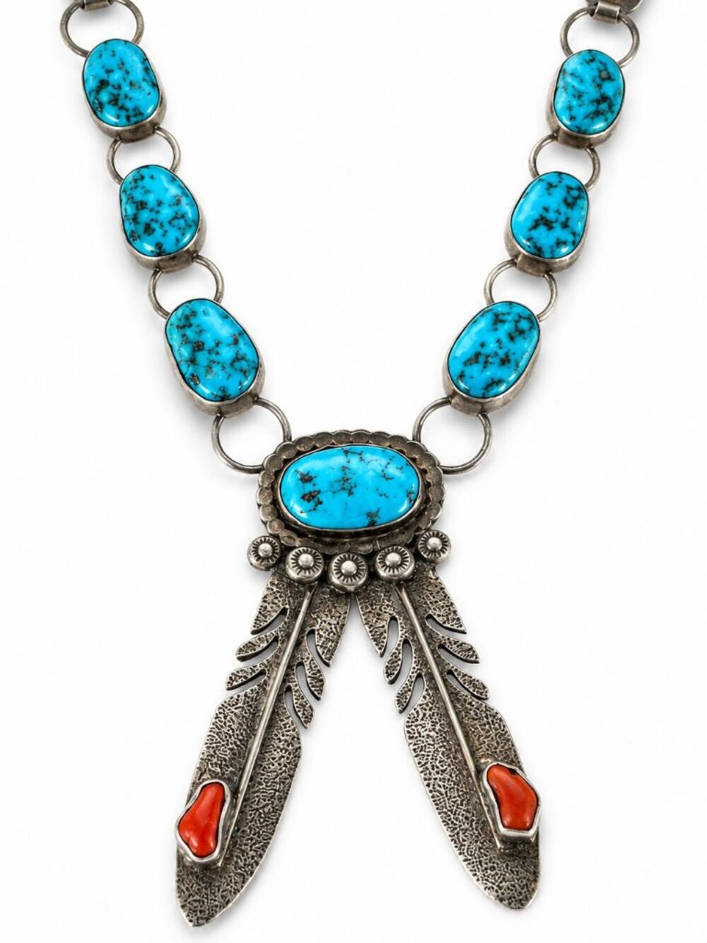 Vintage HBY Harry B Yazzie Navajo Sterling Turquoise Coral Feather Necklace